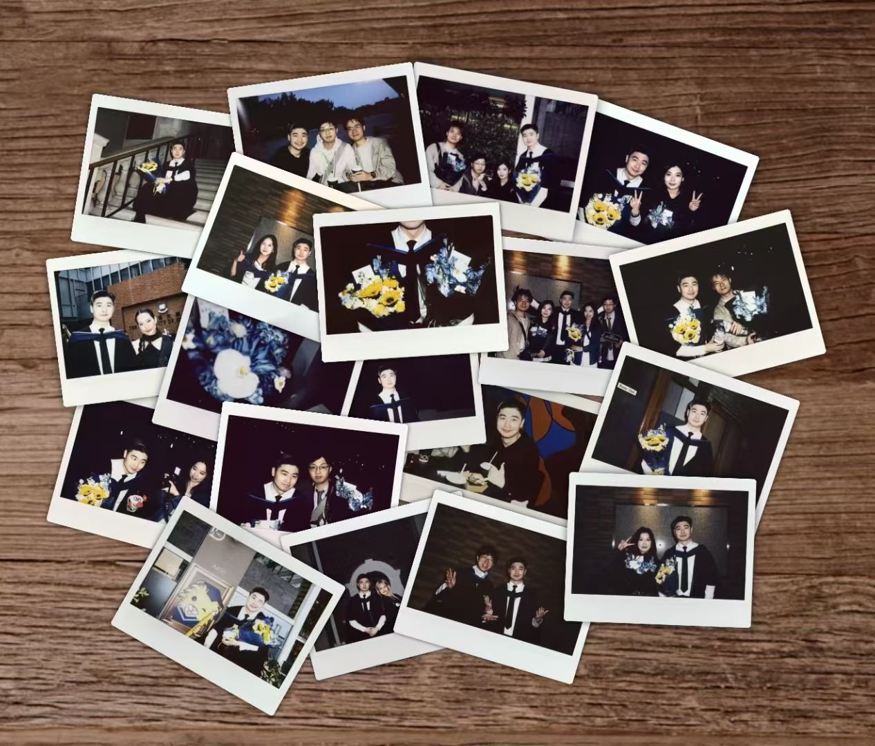 A scatter of instant photos from graduation